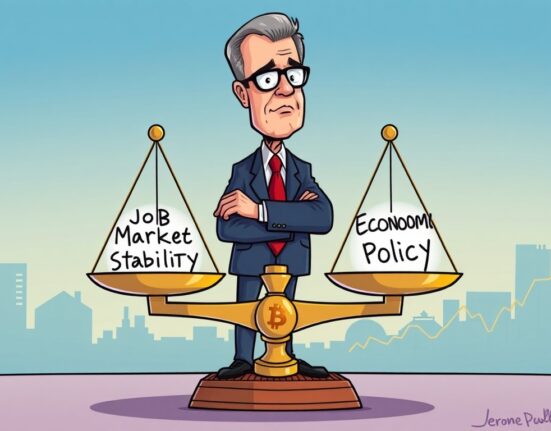 A cartoon image of Jerome Powell carefully balancing the economy, symbolizing his approach to Fed policy adjustments amidst a stable job market.