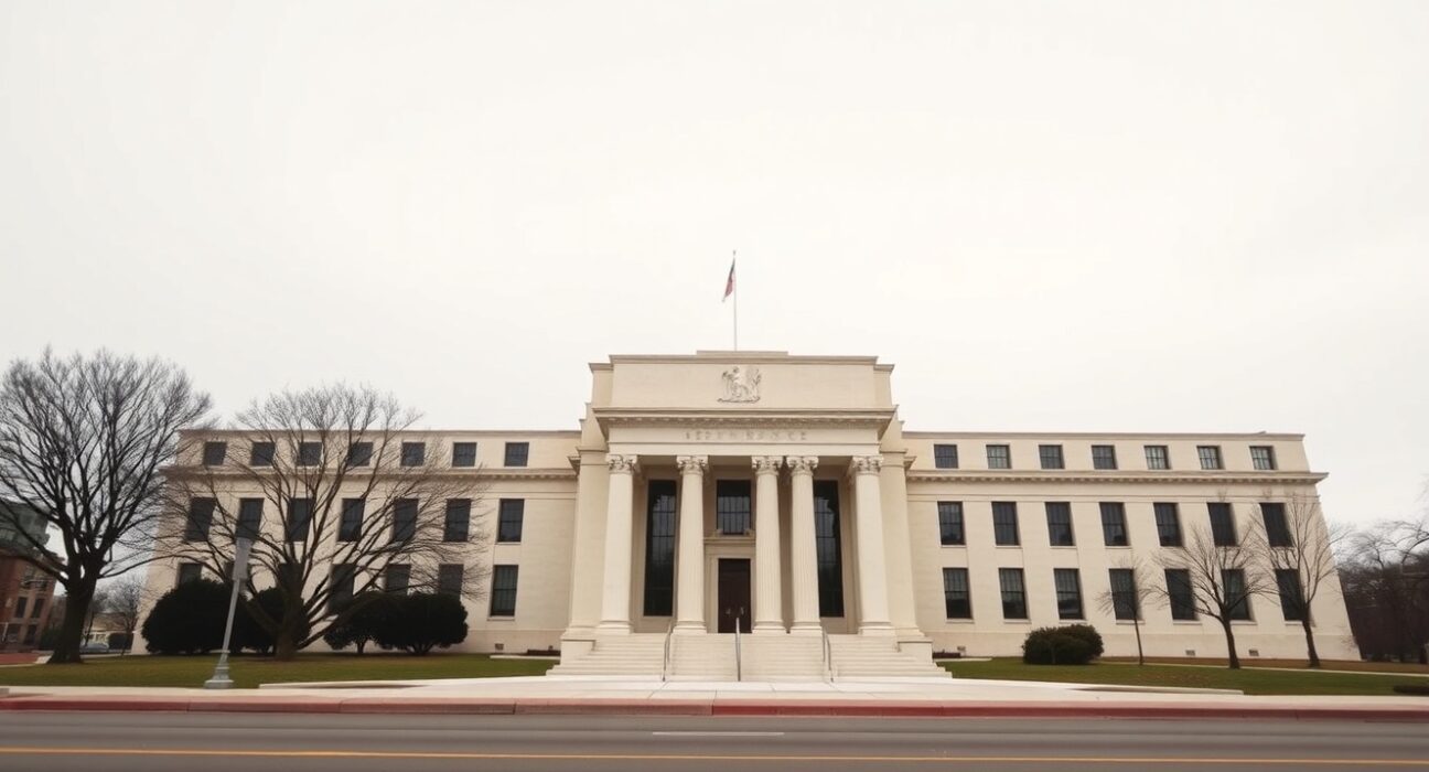 Federal Reserve building facade under overcast sky, symbolizing monetary policy focus and leadership transition analyzed by DBS.