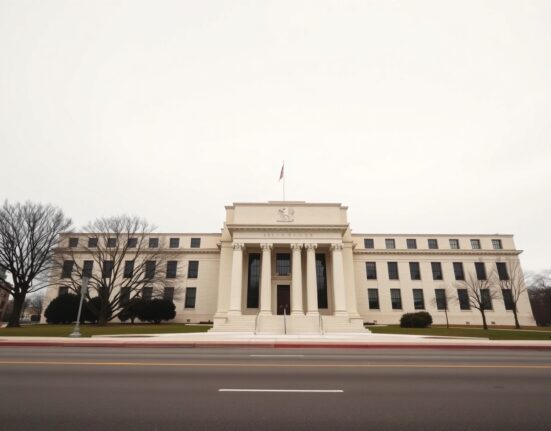 Federal Reserve building facade under overcast sky, symbolizing monetary policy focus and leadership transition analyzed by DBS.