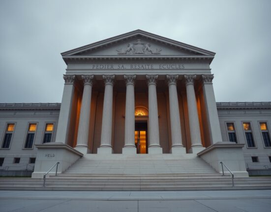 Federal Reserve building under overcast sky representing the Fed policy on hold amid the lingering Iran shock.
