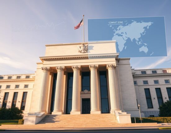 Federal Reserve building with oil price charts overlay illustrating monetary policy challenges from war-driven energy shocks.