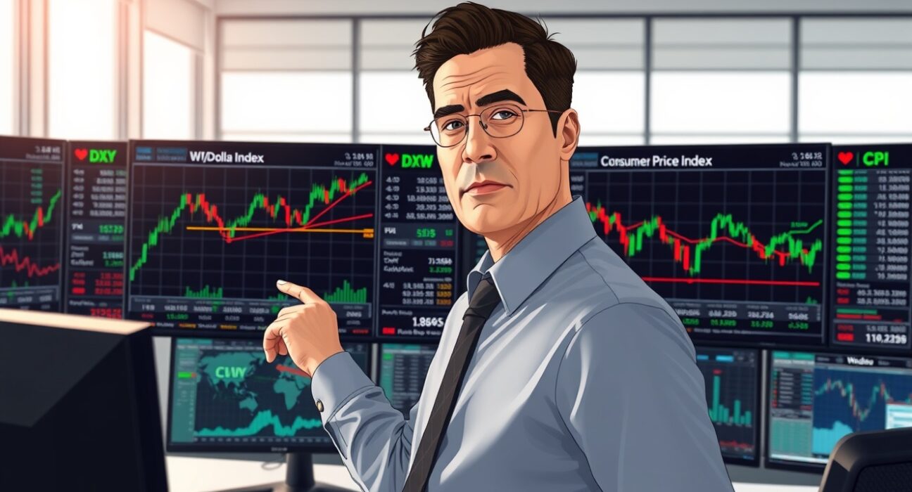 Financial analyst reviews data charts showing oil prices, inflation, and the US dollar, analyzing risks to Federal Reserve policy.