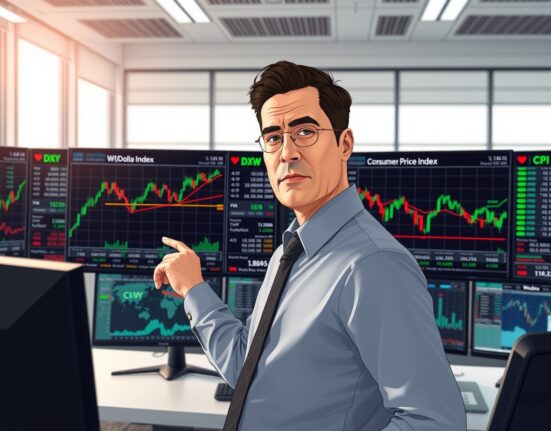 Financial analyst reviews data charts showing oil prices, inflation, and the US dollar, analyzing risks to Federal Reserve policy.