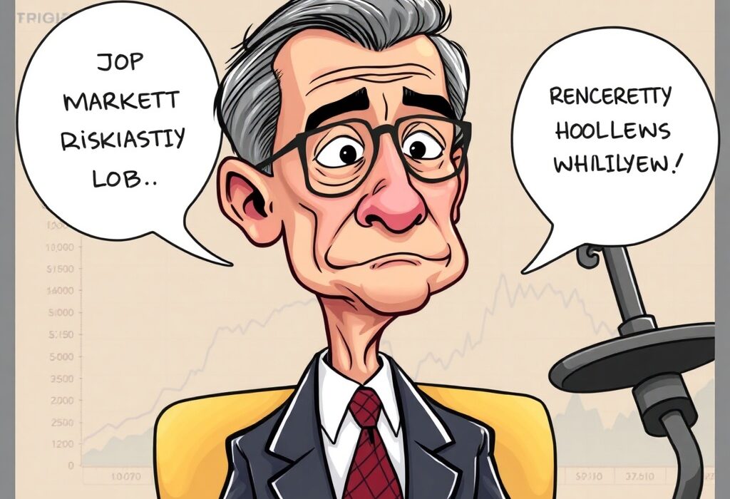 A cartoon illustration depicting Jerome Powell contemplating a potential Fed policy shift, balancing economic risks and future rate decisions.