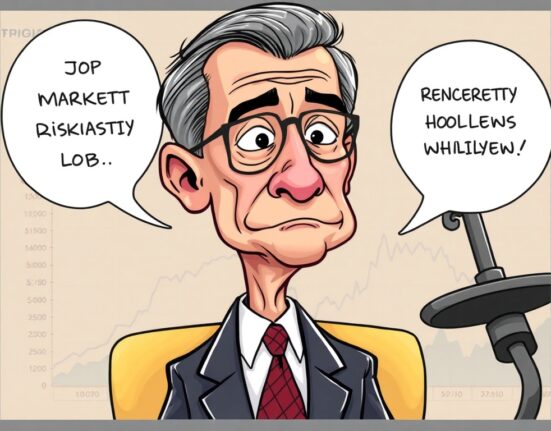 A cartoon illustration depicting Jerome Powell contemplating a potential Fed policy shift, balancing economic risks and future rate decisions.