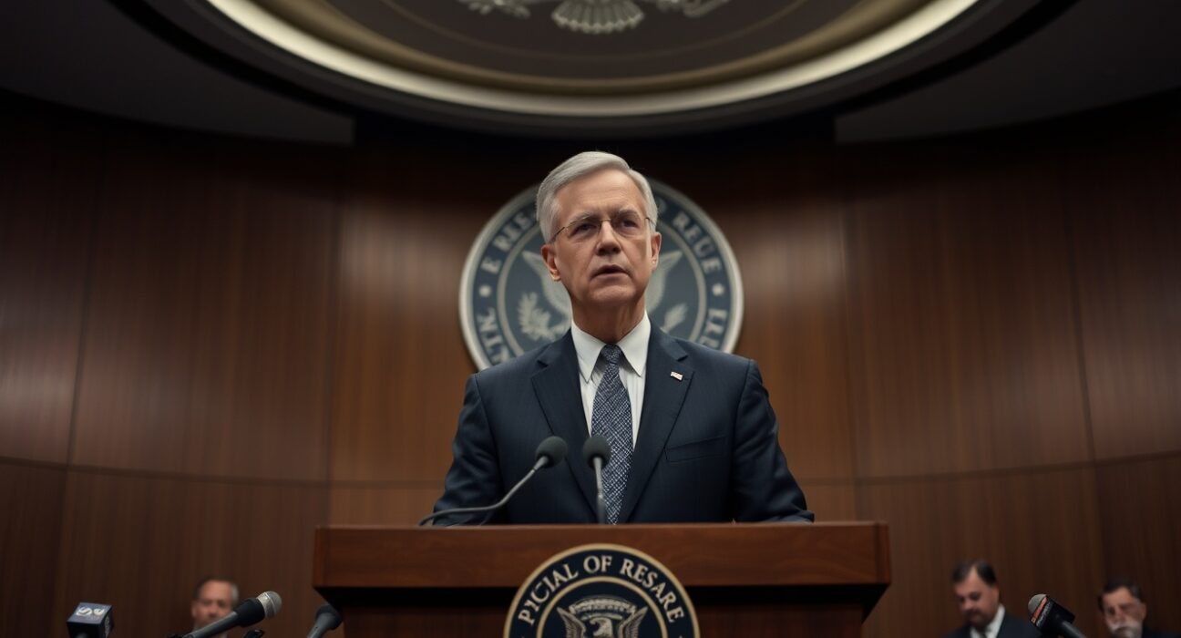 Federal Reserve Chair Jerome Powell at a press conference, signaling the central bank is in a good place to adjust interest rates.