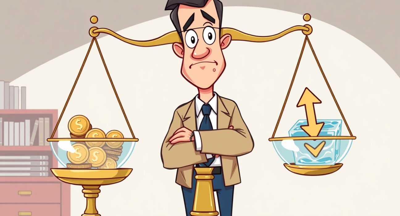 A cartoon illustration symbolizing the Federal Reserve balancing interest rates nearing a neutral level.