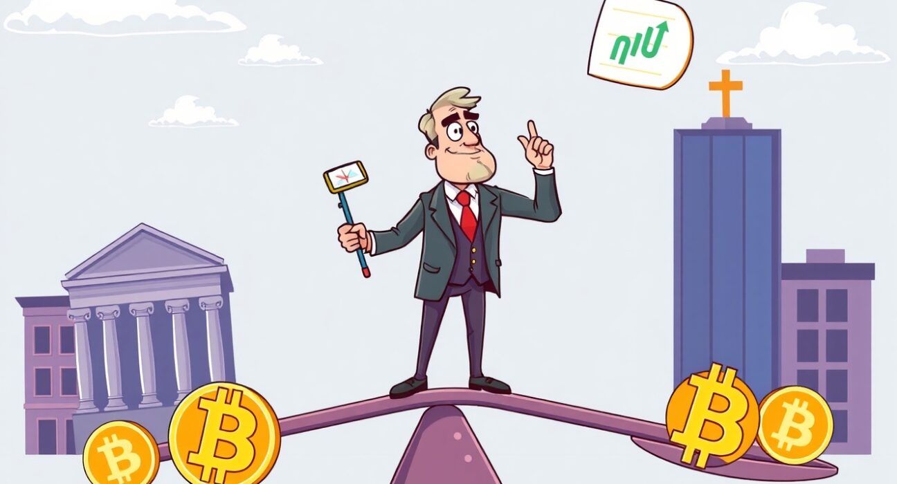 Cartoon illustration of Fed Powell's unchanged economic outlook affecting cryptocurrency markets