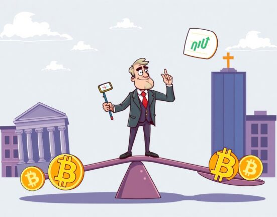 Cartoon illustration of Fed Powell's unchanged economic outlook affecting cryptocurrency markets