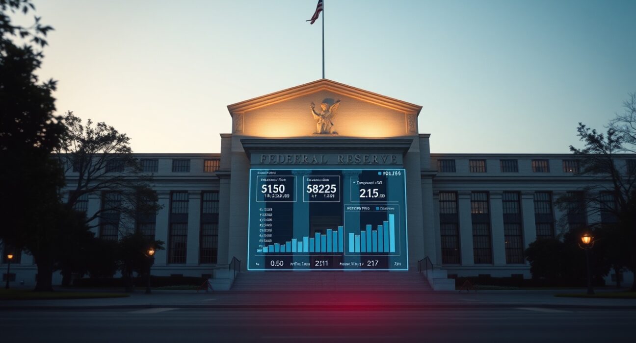 Federal Reserve building with economic data dashboard showing inflation uncertainty and interest rate projections