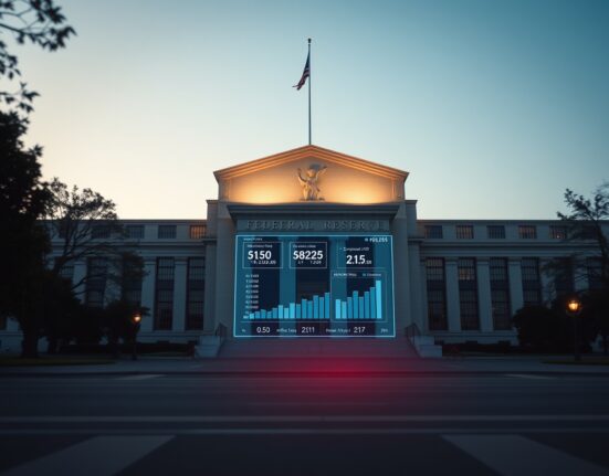 Federal Reserve building with economic data dashboard showing inflation uncertainty and interest rate projections