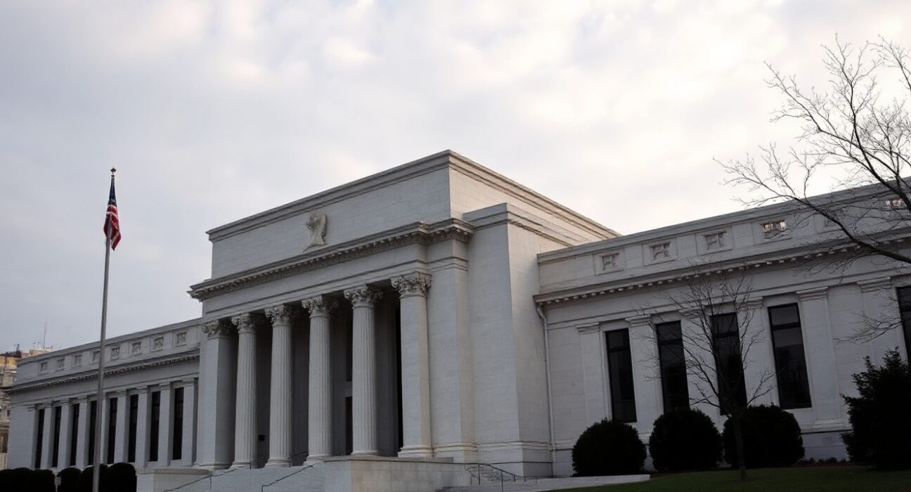 Federal Reserve building in Washington, D.C., under overcast sky, representing monetary policy decision on interest rates and inflation forecasts for 2026.