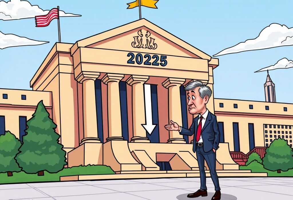 Cartoon illustration showing the Federal Reserve building and economic stability, hinting at a single Fed rate cut in 2025.