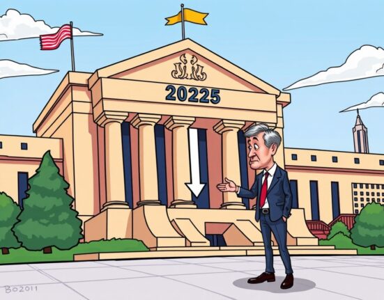 Cartoon illustration showing the Federal Reserve building and economic stability, hinting at a single Fed rate cut in 2025.