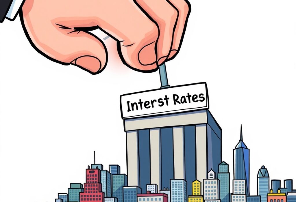 A cartoon illustration showing a large hand lowering interest rates, symbolizing the proposed Fed rate cut and its potential impact on the US economy.