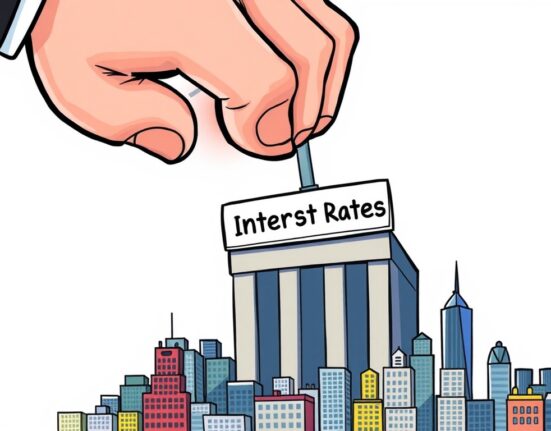 A cartoon illustration showing a large hand lowering interest rates, symbolizing the proposed Fed rate cut and its potential impact on the US economy.