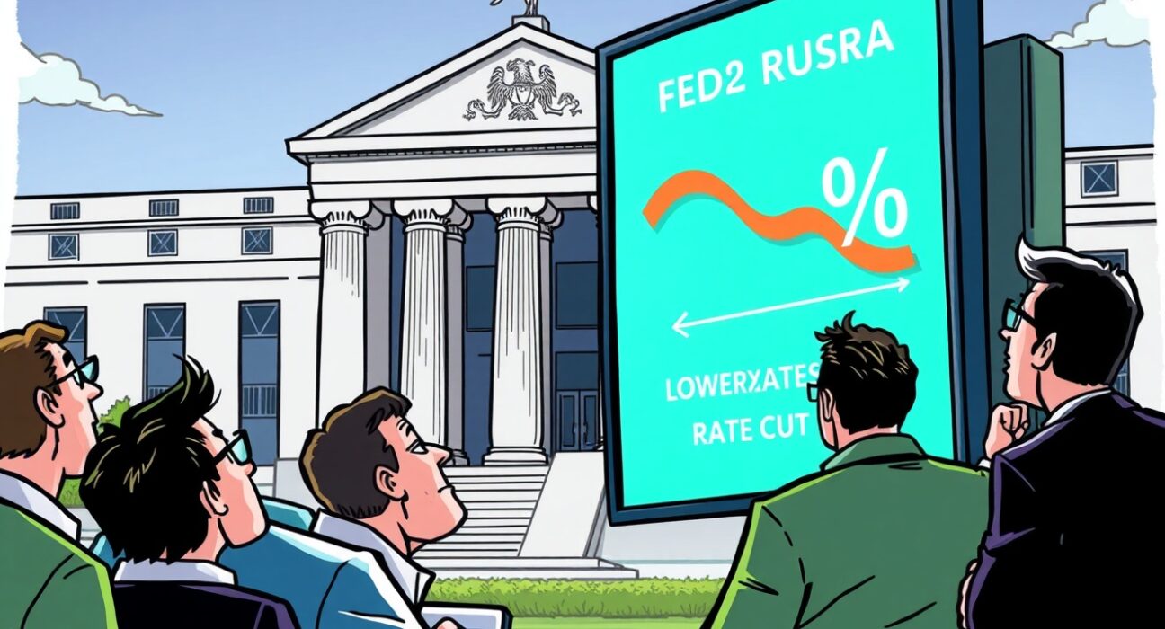 Cartoon showing traders reacting to lower odds of a Fed rate cut, highlighting shifting market expectations and economic uncertainty.