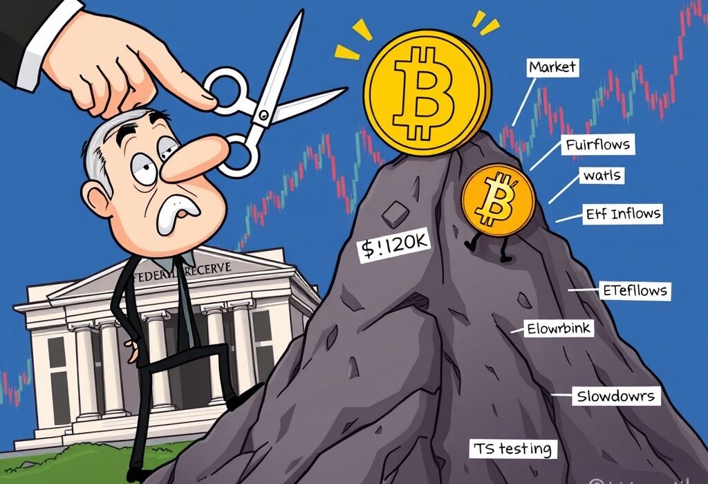 A cartoon illustration showing a hesitant Bitcoin struggling to climb a steep hill, representing the limited impact of a Fed rate cut on Bitcoin's price.