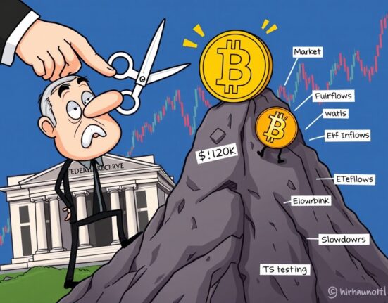 A cartoon illustration showing a hesitant Bitcoin struggling to climb a steep hill, representing the limited impact of a Fed rate cut on Bitcoin's price.