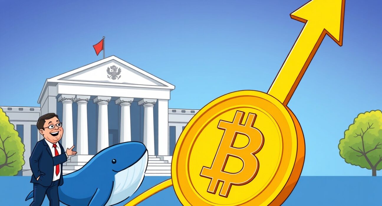 A cartoon showing the positive market impact of a Fed rate cut Bitcoin sentiment, indicating increased institutional investor confidence.