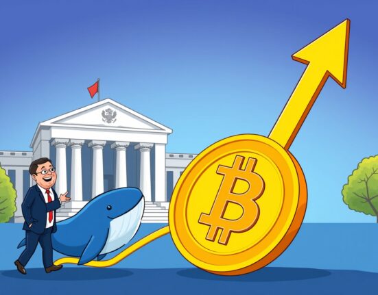 A cartoon showing the positive market impact of a Fed rate cut Bitcoin sentiment, indicating increased institutional investor confidence.
