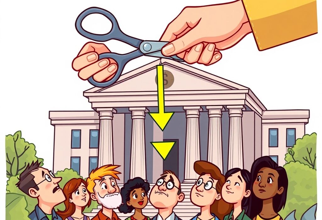 A cartoon illustration depicting the anticipation of a Fed rate cut, with a central bank figure cautiously lowering interest rates.