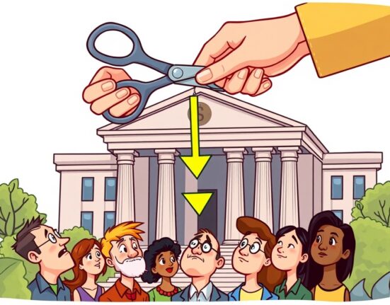 A cartoon illustration depicting the anticipation of a Fed rate cut, with a central bank figure cautiously lowering interest rates.