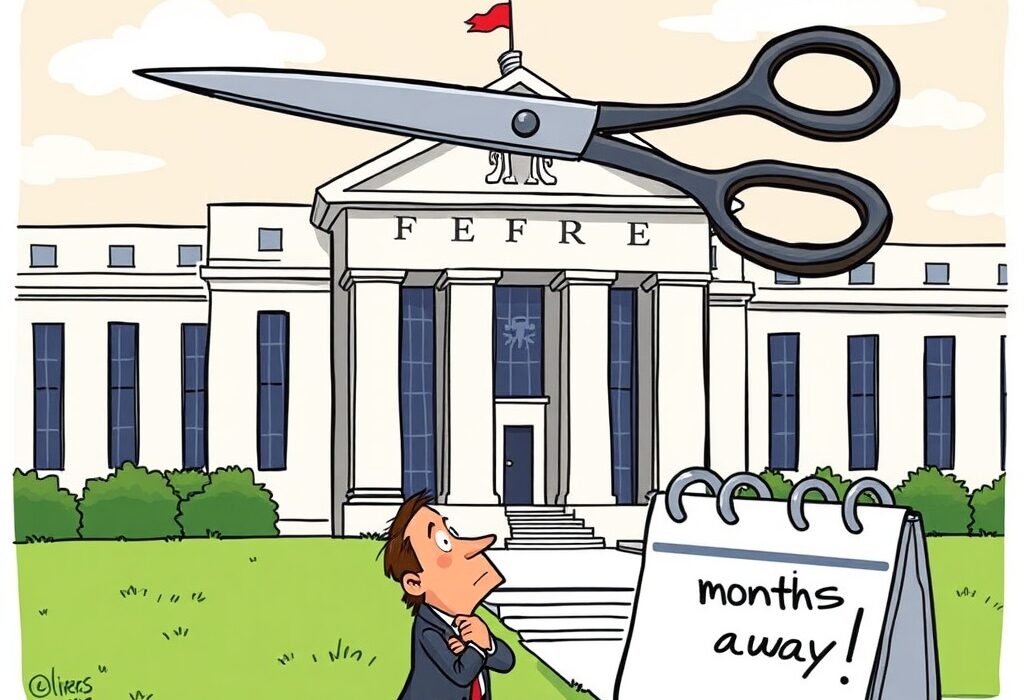 A cartoon economist contemplating a potential Fed rate cut amidst economic policy decisions.