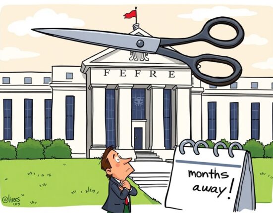 A cartoon economist contemplating a potential Fed rate cut amidst economic policy decisions.