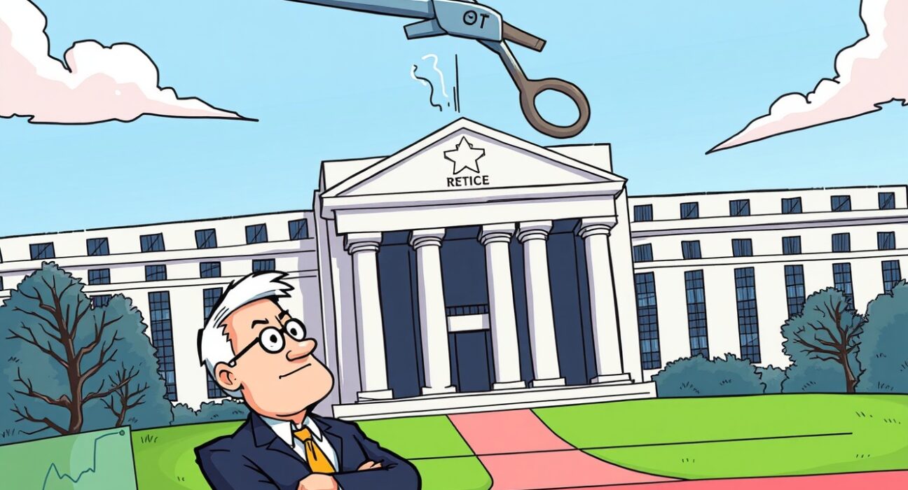 Cartoon illustration of a significant Fed rate cut, as predicted by Goldman Sachs, influencing the financial market.