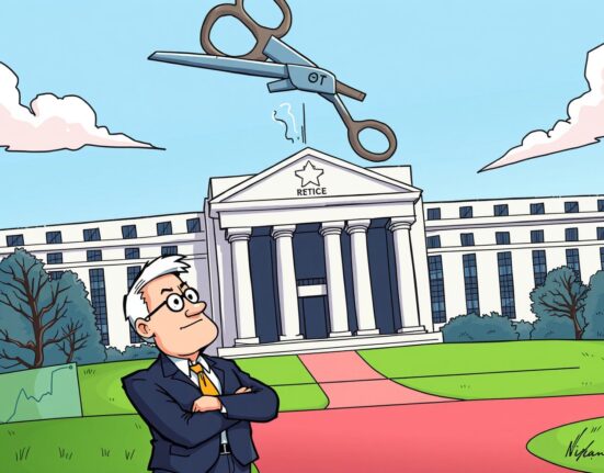 Cartoon illustration of a significant Fed rate cut, as predicted by Goldman Sachs, influencing the financial market.