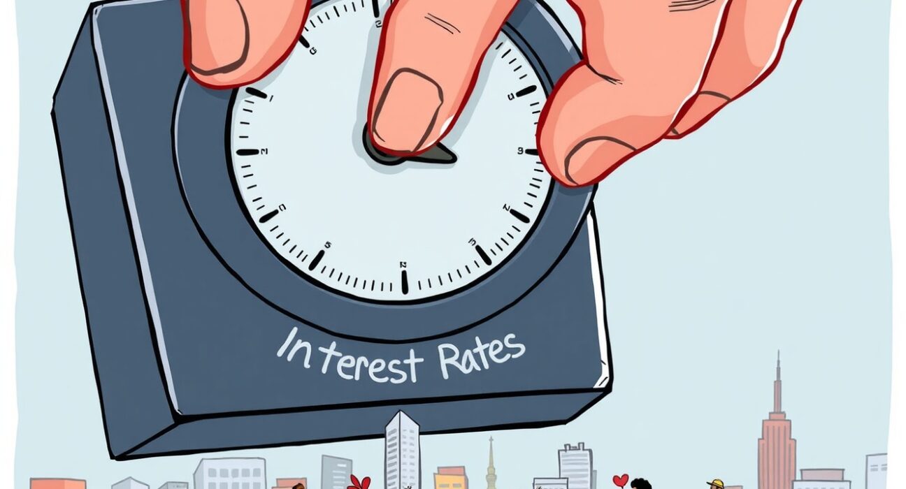 A cartoon illustration showing the Federal Reserve lowering interest rates, symbolizing the recent Fed rate cut and its expected market impact.