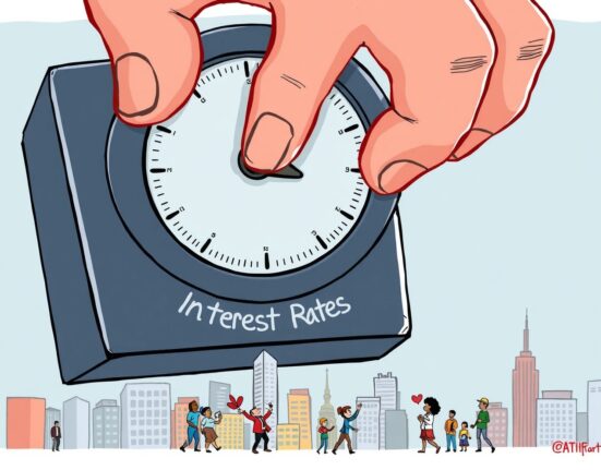 A cartoon illustration showing the Federal Reserve lowering interest rates, symbolizing the recent Fed rate cut and its expected market impact.