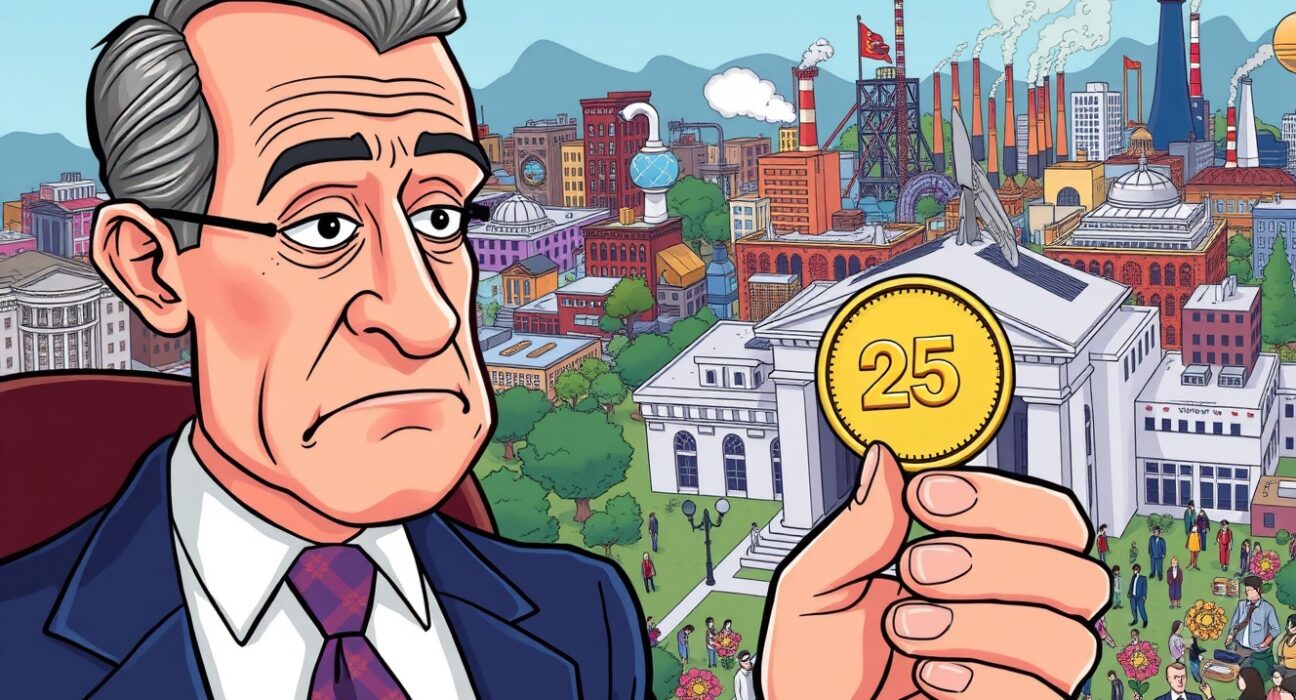 Cartoon of Jerome Powell shrugging at a small rate cut, symbolizing the minimal Fed rate cut implications on the economy.