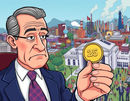 Cartoon of Jerome Powell shrugging at a small rate cut, symbolizing the minimal Fed rate cut implications on the economy.