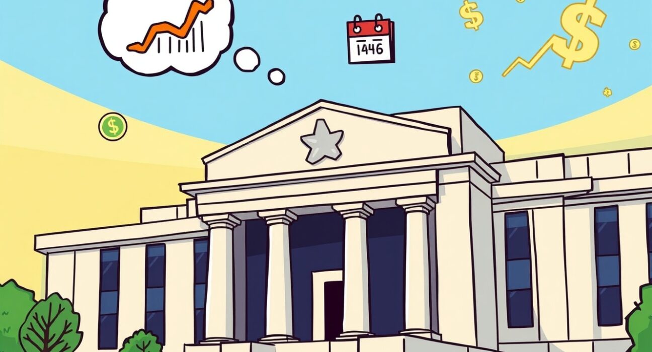 Animated illustration of the Federal Reserve anticipating a crucial Fed rate cut decision.