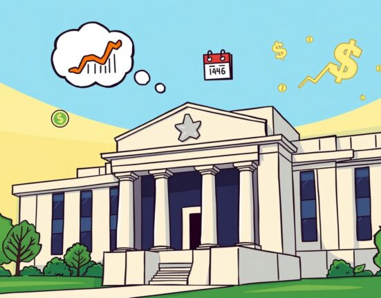 Animated illustration of the Federal Reserve anticipating a crucial Fed rate cut decision.