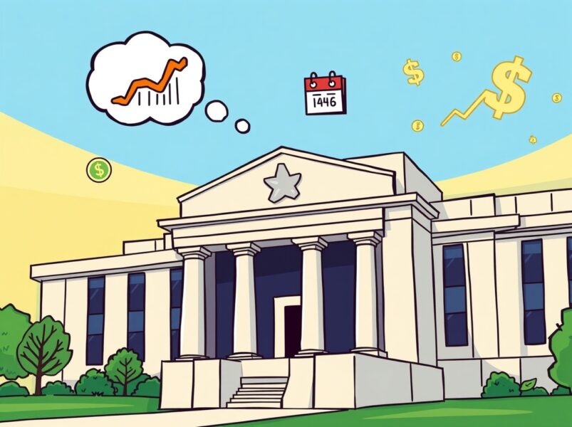 Animated illustration of the Federal Reserve anticipating a crucial Fed rate cut decision.