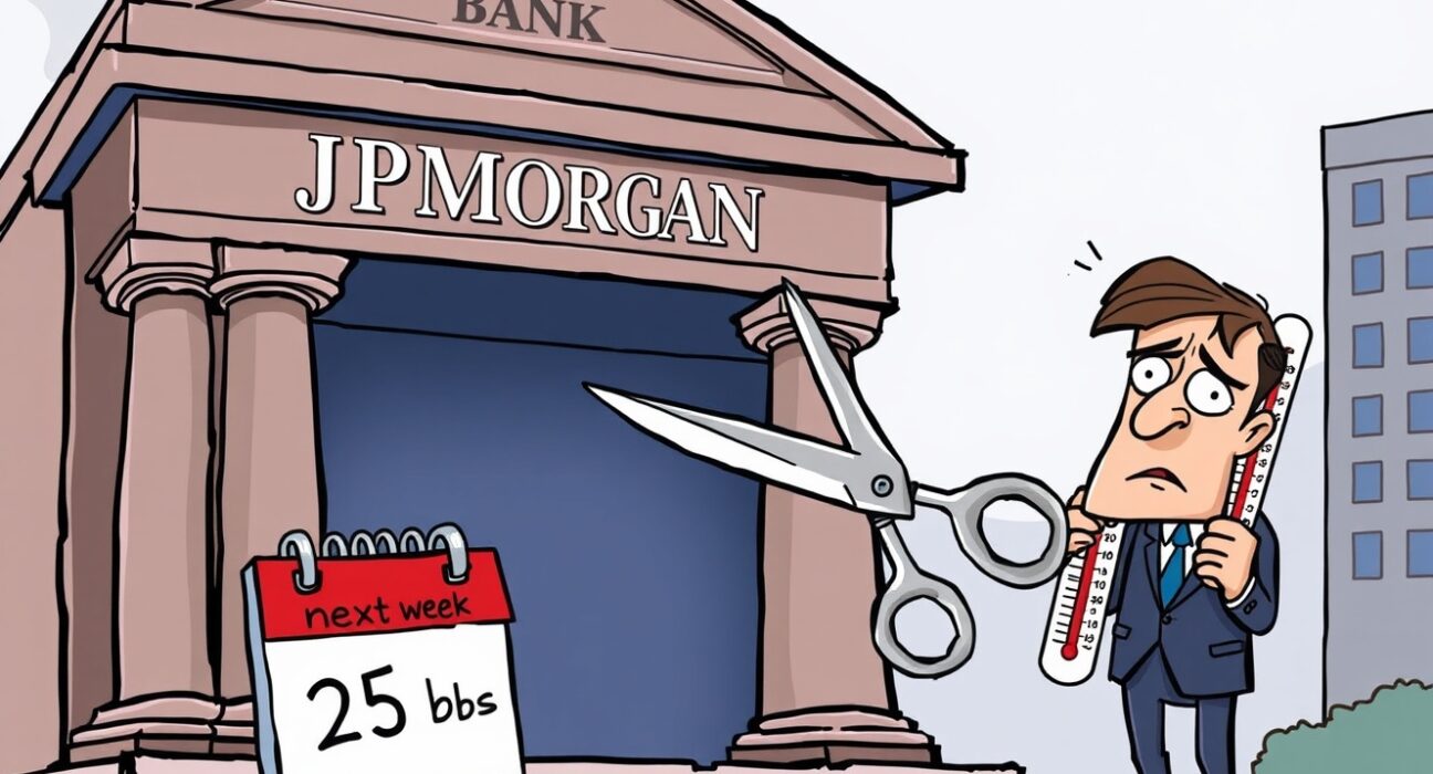Cartoon showing JPMorgan's prediction of a Fed rate cut, with economic indicators like CPI influencing the decision.