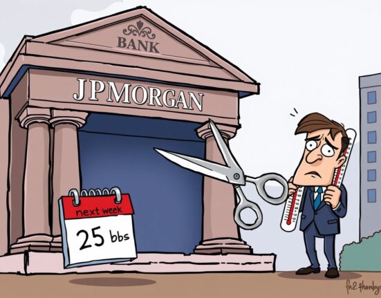 Cartoon showing JPMorgan's prediction of a Fed rate cut, with economic indicators like CPI influencing the decision.