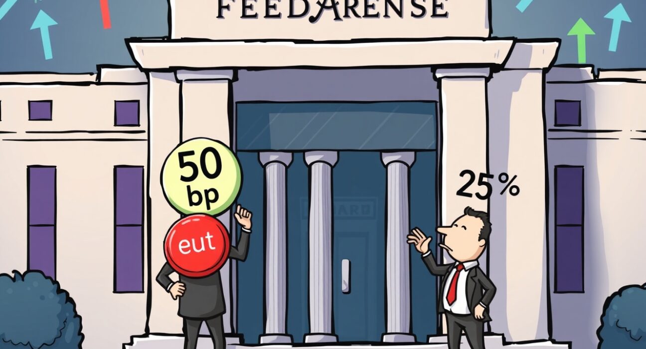 Cartoon illustrating the debate over the Fed rate cut, with one official advocating for a 50 bp cut versus the actual 25 bp decision.