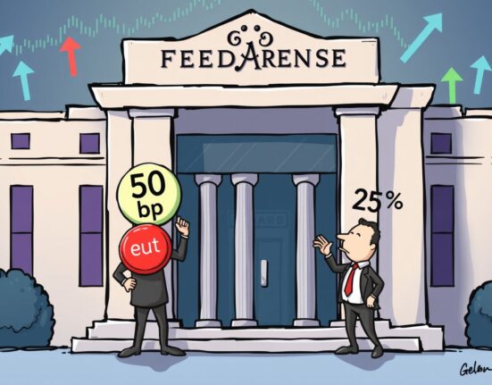 Cartoon illustrating the debate over the Fed rate cut, with one official advocating for a 50 bp cut versus the actual 25 bp decision.