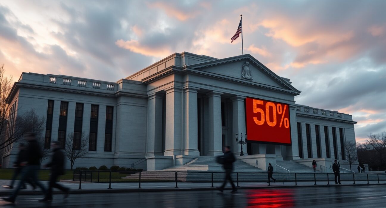 Federal Reserve building with digital display showing 50% odds for a rate cut in 2025, reflecting declining Fed rate cut odds on Kalshi.