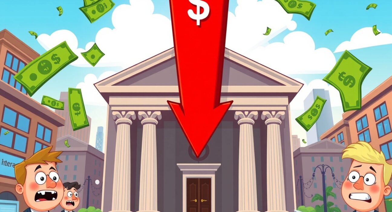 Federal Reserve building showing dramatic Fed rate cut decision with falling interest rates