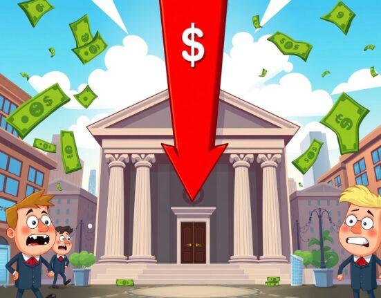 Federal Reserve building showing dramatic Fed rate cut decision with falling interest rates