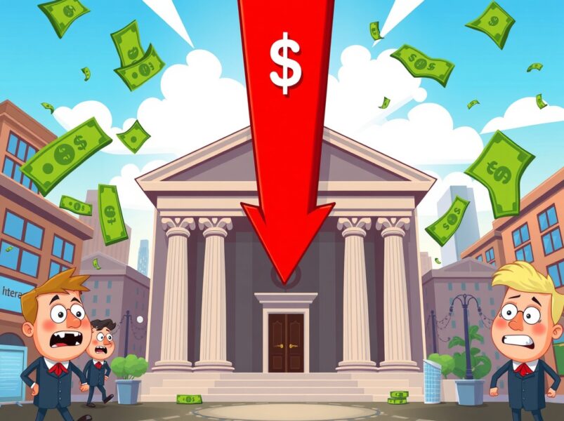 Federal Reserve building showing dramatic Fed rate cut decision with falling interest rates