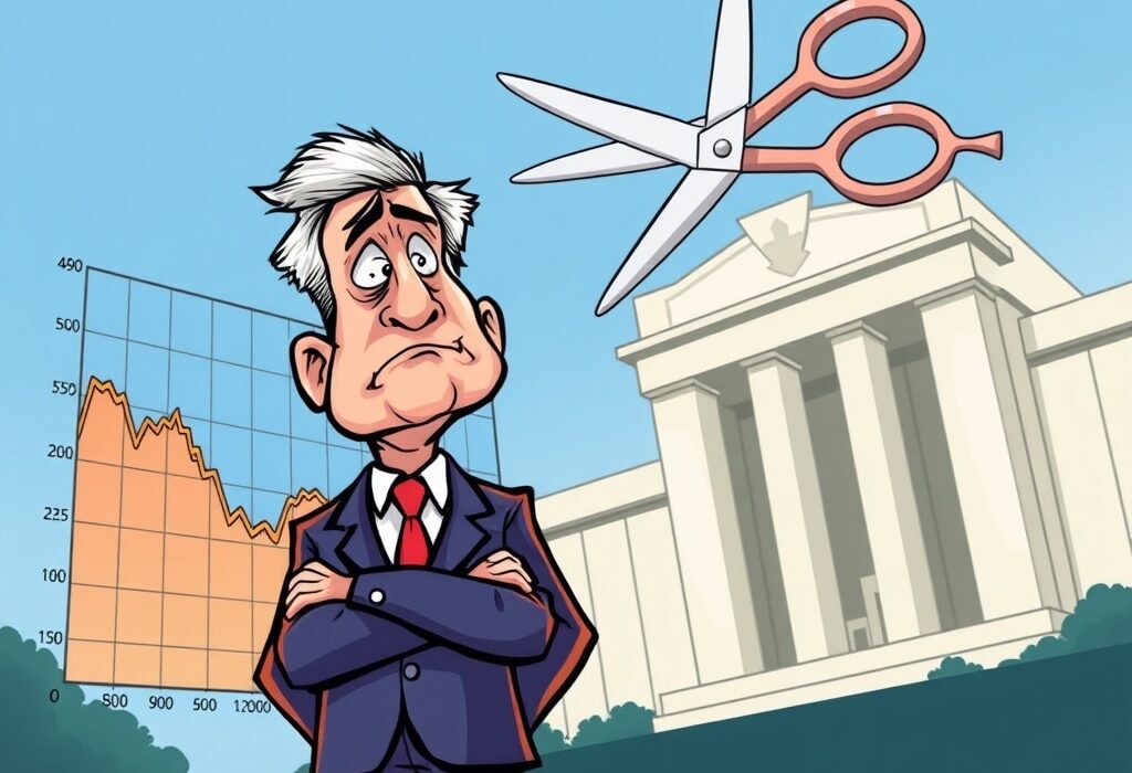 Cartoon showing the Federal Reserve rate cuts starting slow and then accelerating, signaling potential economic relief.