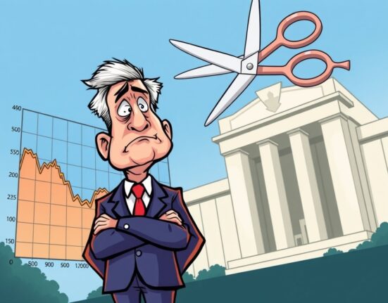 Cartoon showing the Federal Reserve rate cuts starting slow and then accelerating, signaling potential economic relief.