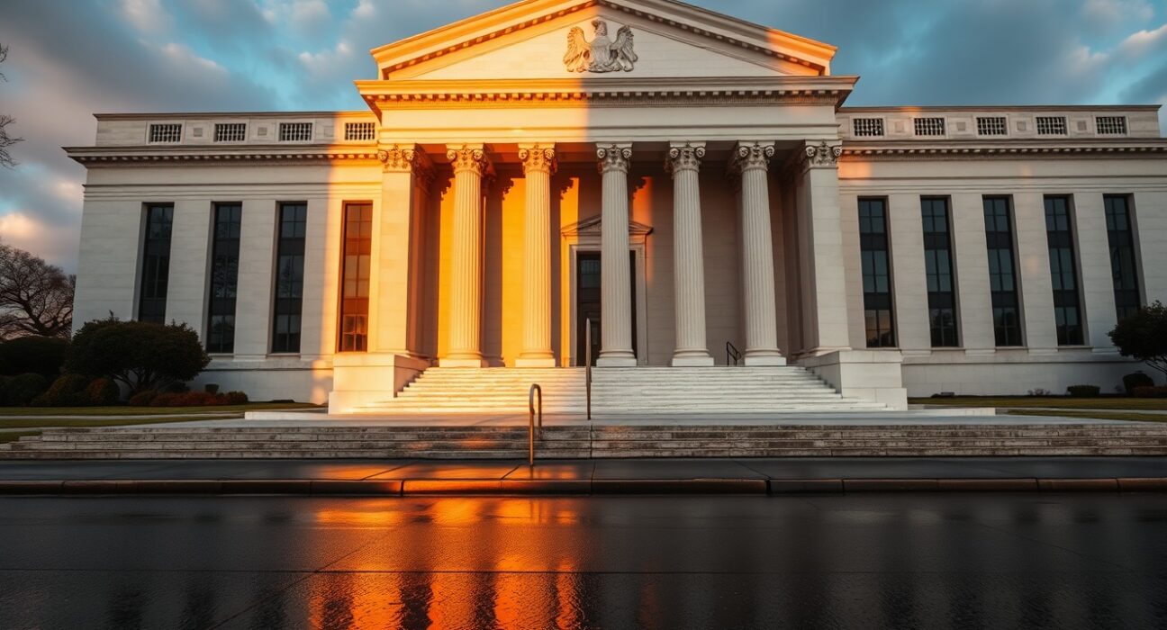 Federal Reserve building in Washington DC with Rabobank forecast for one more Fed rate cut in 2025