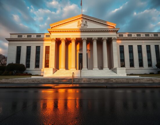 Federal Reserve building in Washington DC with Rabobank forecast for one more Fed rate cut in 2025